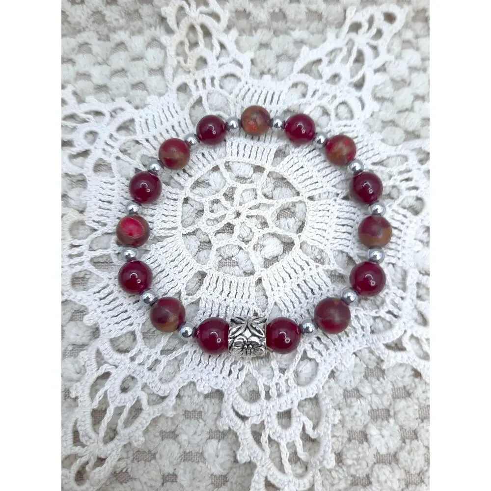 Artisan Apple Jasper Bracelet Natural Beaded Stretch Tibetan Silver Spacer NEW